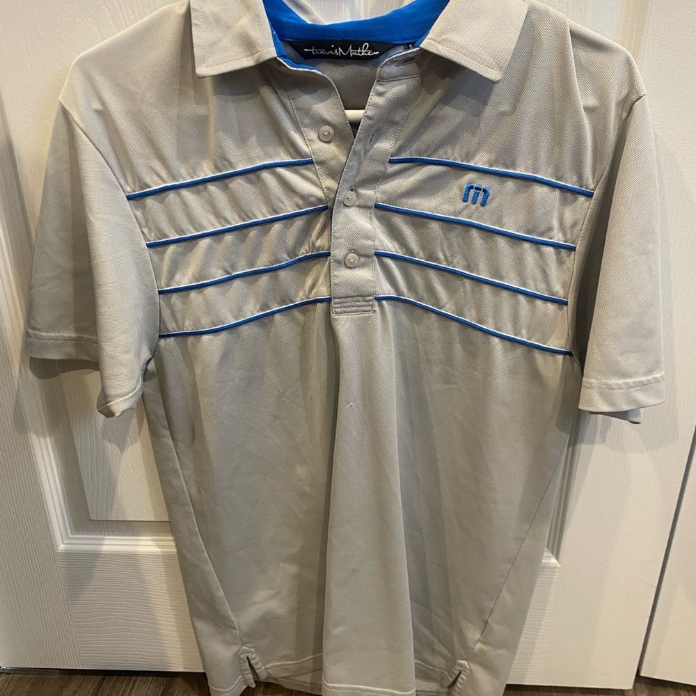 Travis Mathew Light Gray Polo with Blue Trim